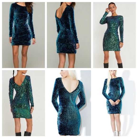 NWT Motel Rock Blue Green Iridescent Sequin long sleeve mini dress. Size XS. - Picture 10 of 17